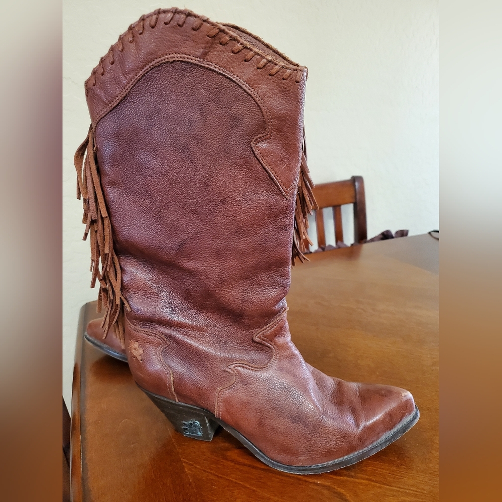 ZODAIC Brown Fringe Leather Cowboy Boots